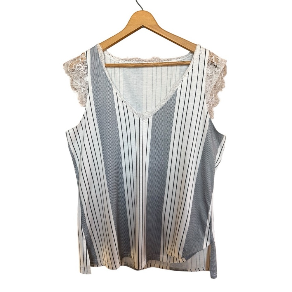 Striped Lace-Trim V-Neck Tank Top - Gray/White